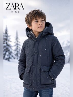 Zara Boys Quilted Hooded Coat Navy Jacket Size 11/12